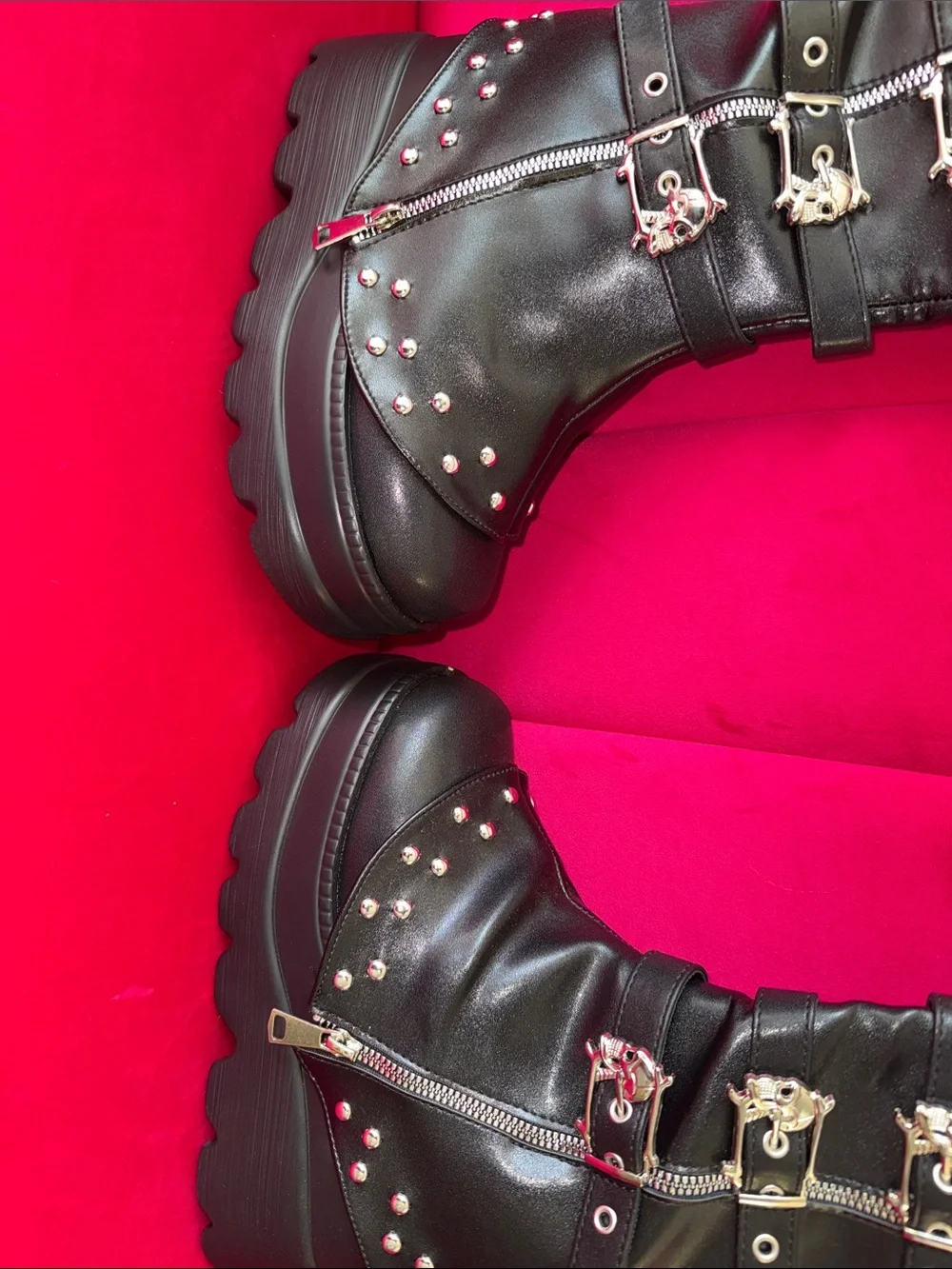 Gothic Skull Studded Black Platform Knee Boot